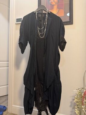 BCBGMaxAzria Black Asymmetrical Layered Dress with Draped Overlay